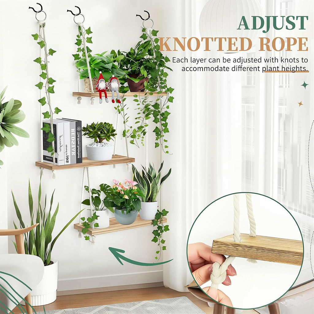 Window Plant Shelves 3-Tier Boho Window Sill Plant Shelf Indoor Hanging Wood Window Plant Hanger for Plants Herb