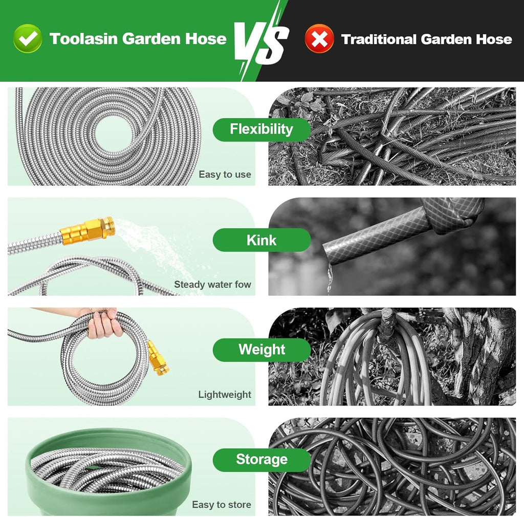 Garden Hose 50FT, Stainless Steel Metal Water Hose with 10-Function Nozzle | No-Kink, Leak-Proof, Wear-Resistant, 3/4