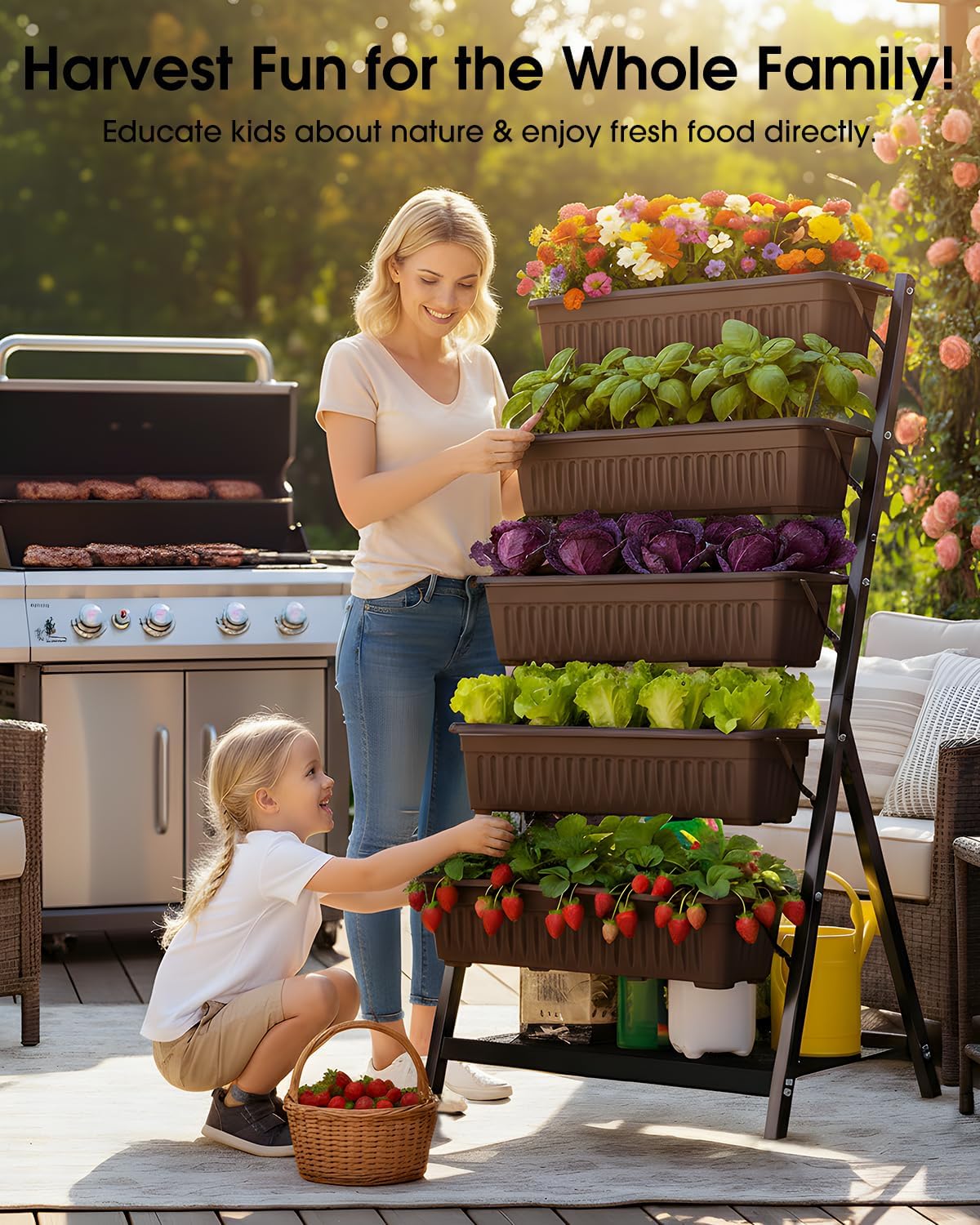 5-Tier Vertical Garden Bed Planter Boxes with Drainage System & Storage Space, Freestanding Vertical Garden Planter