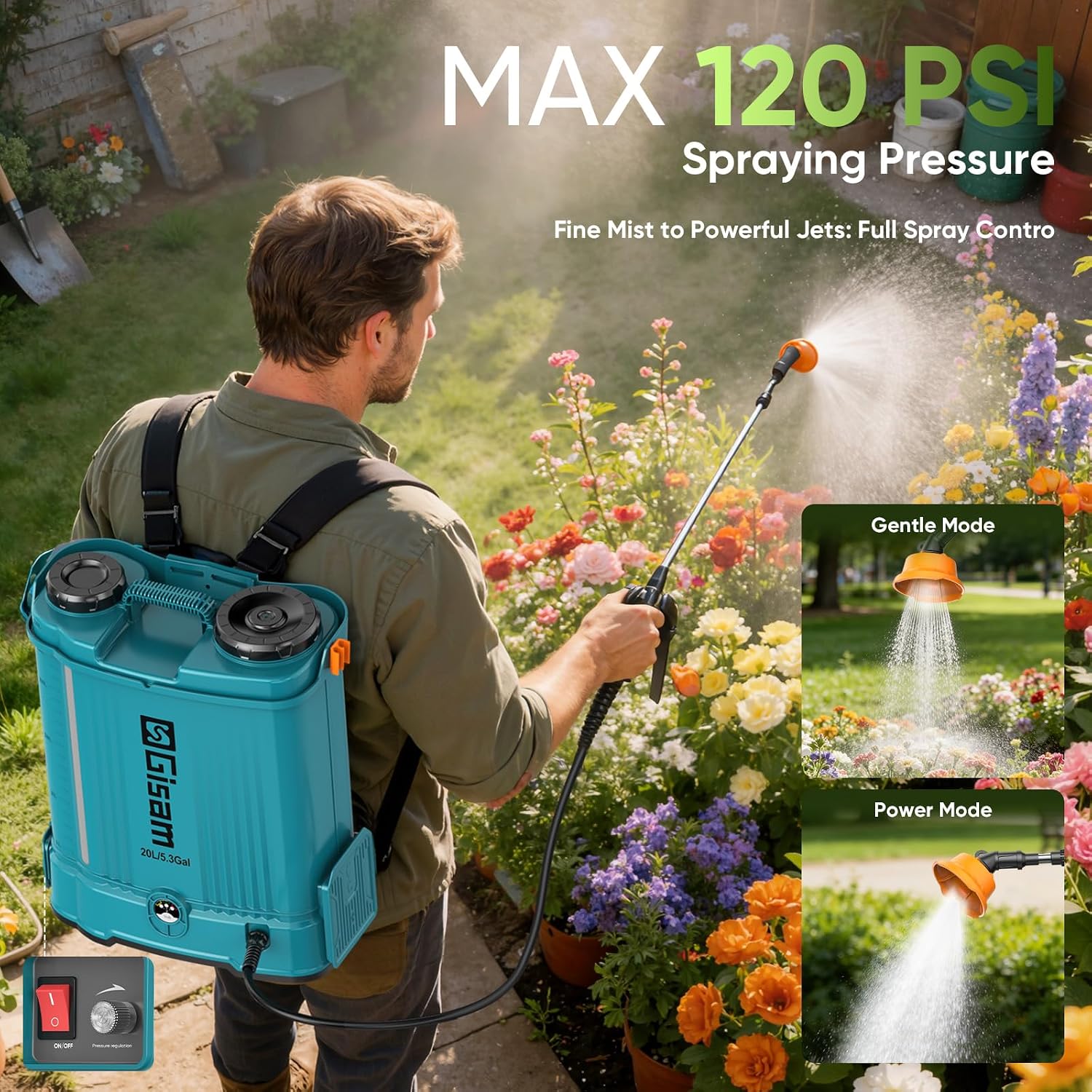 Gisam 5.3 Gal Battery Powered Backpack Sprayer-2 Batteries,Water Markings | 120PSI Adjustable Pressure,Telescopic Wand