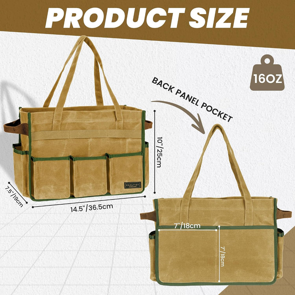 Canvas Tool Bag, 16OZ Waxed Canvas Tool Tote Bag with Metal Zipper & 12-Pocket Design, Multi-Purpose Garden Tool