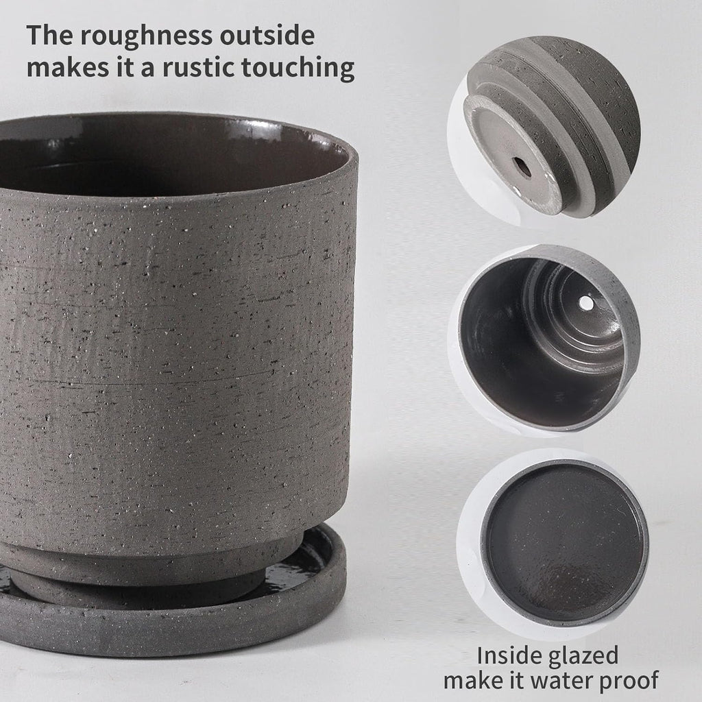 Nihow Ceramic Plant Pot Drainage Hole & Saucer for Indoor Plants, 5.7 Inch | Charcoal Gray, Cylinder Planters, Art
