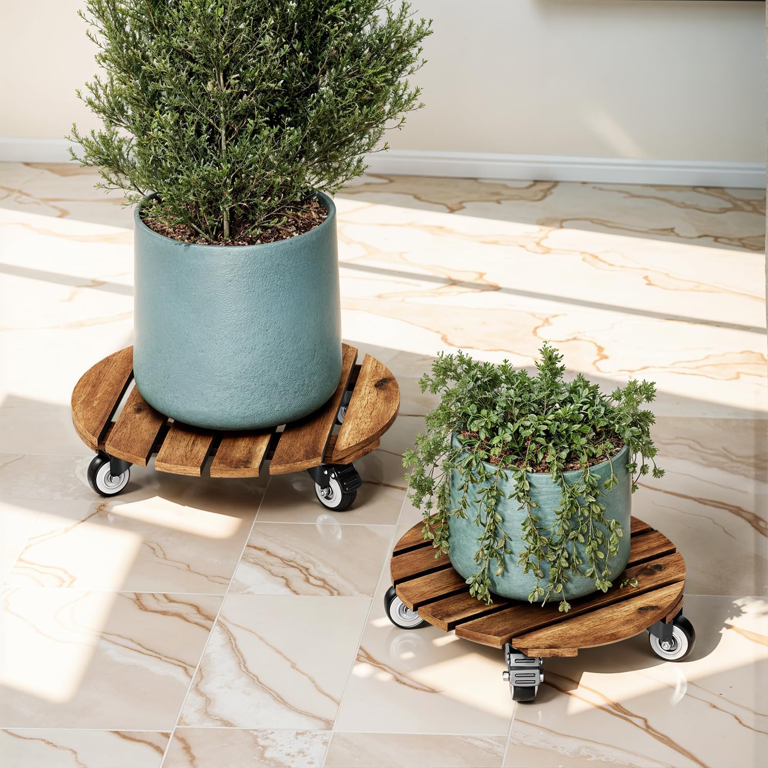Combo 12 Inch and 14 Inch Acacia Wood Rolling Round Planter Caddies for Plant Pots, Heavy Duty Plant Stand with 360°