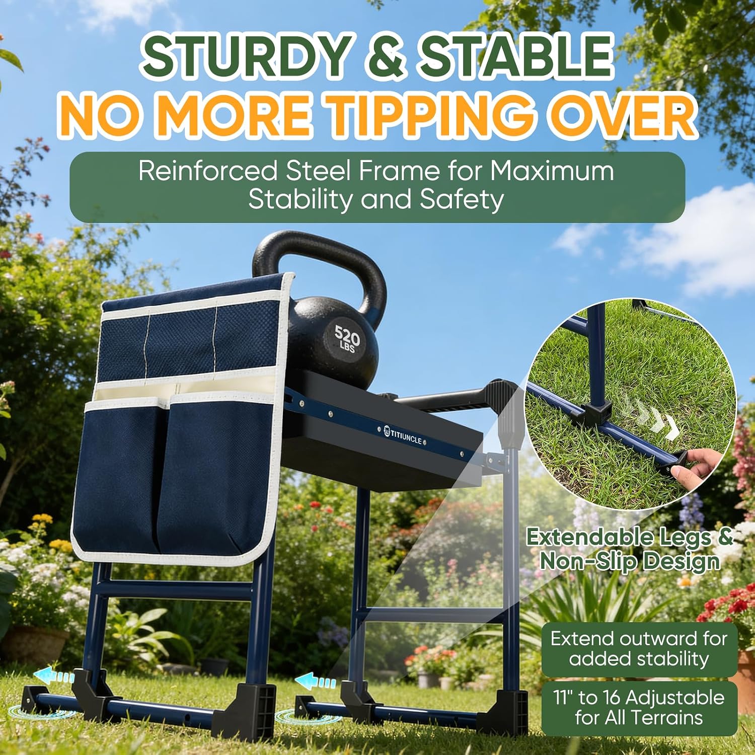 Garden Kneeler and Seat, Heavy Duty Foldable w/Soft Kneeling Pad | Anti-Tip Gardening Stool Bench Kneeler with Thicken