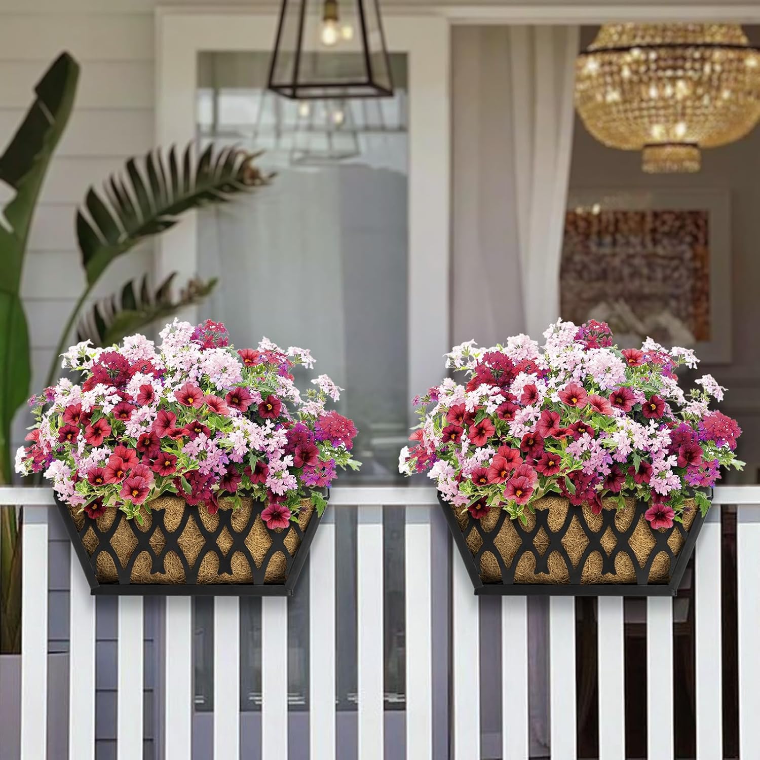 4 Pack 14 Inch Window Boxes Planters Railing Planter Box with Coco Liners Deck Railing Planter Boxes Balcony Hanging