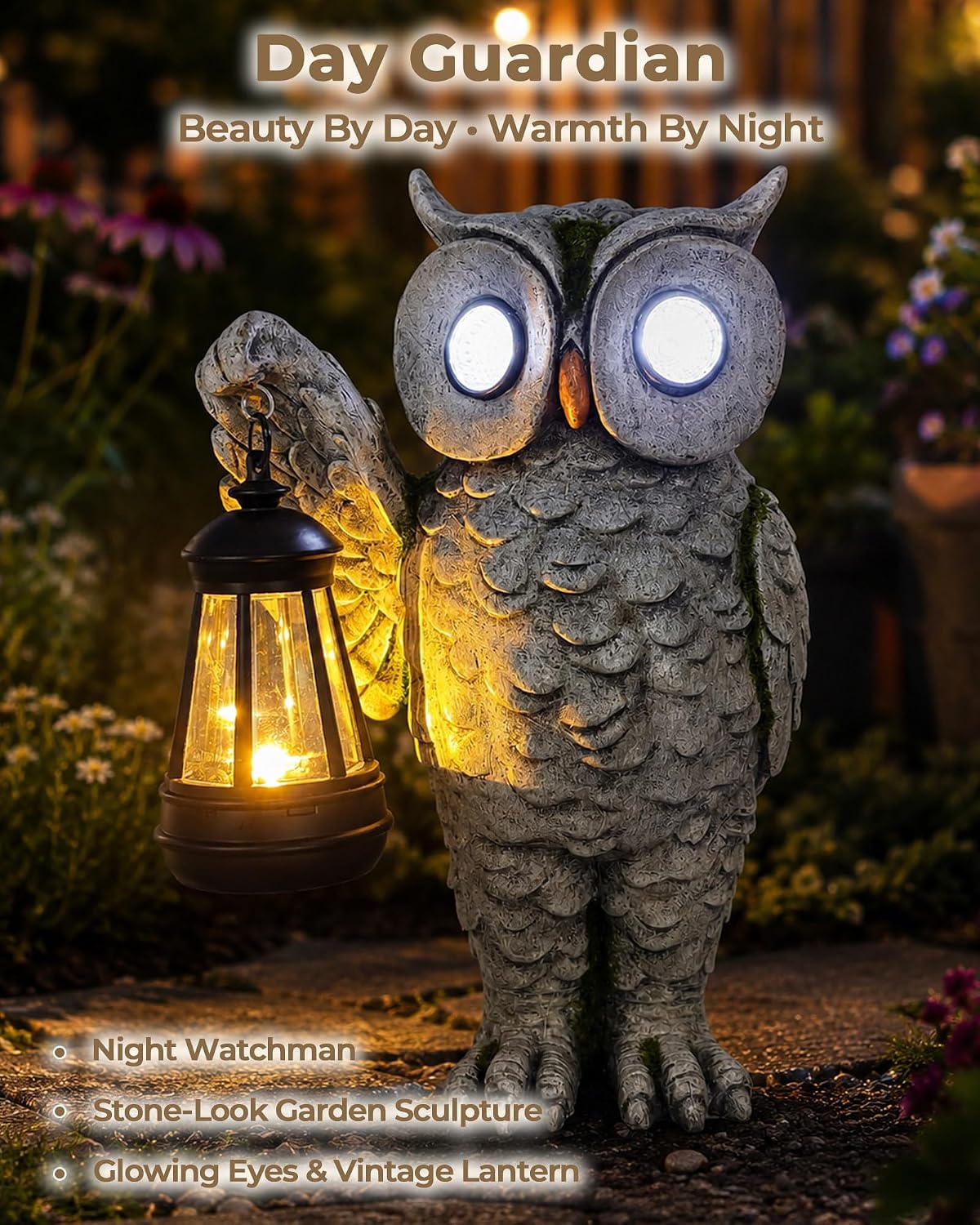 Solar Owl Garden Statue, Stone-Look Resin with Lantern | Glowing Eyes Auto Dusk Lighting Hand-Painted Finish