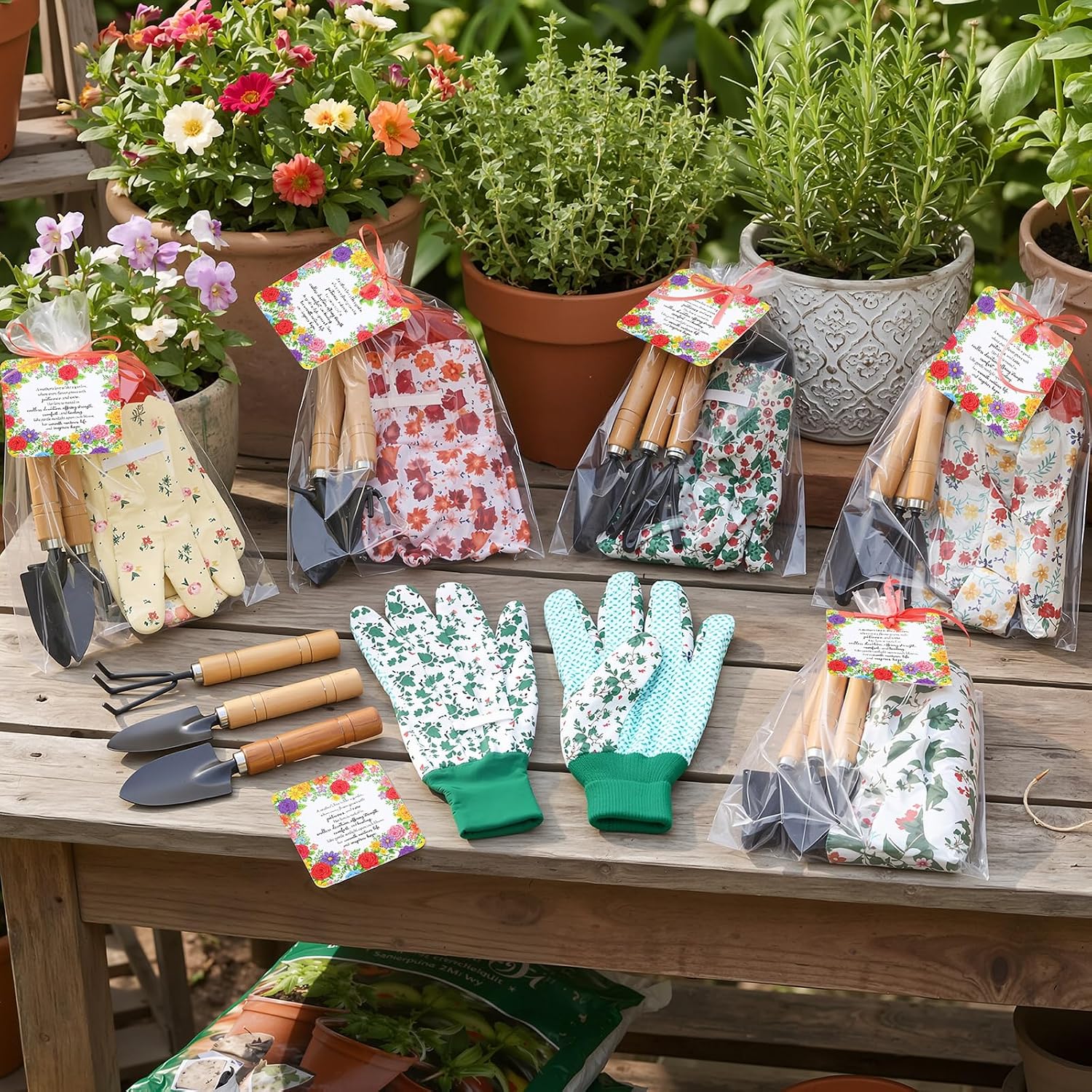 Cuffbow 6 Set Mother's Day Gardening Gifts Floral Gardening Gloves, Garden Shovel, Mini Garden Tools with Mother's Day