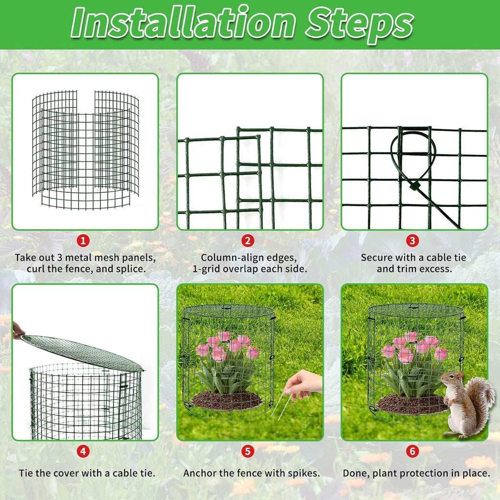 6 Pack 11.8×11.8in Plant Protectors from Animals, Wire Mesh Cages | Reusable Design, Protective Lid、Stakes、Zip Ties and