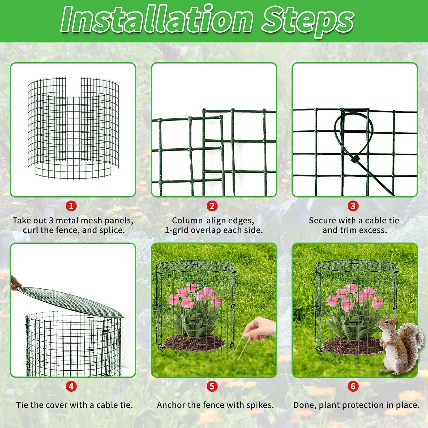 6 Pack 11.8×11.8in Plant Protectors from Animals, Wire Mesh Cages | Reusable Design, Protective Lid、Stakes、Zip Ties and