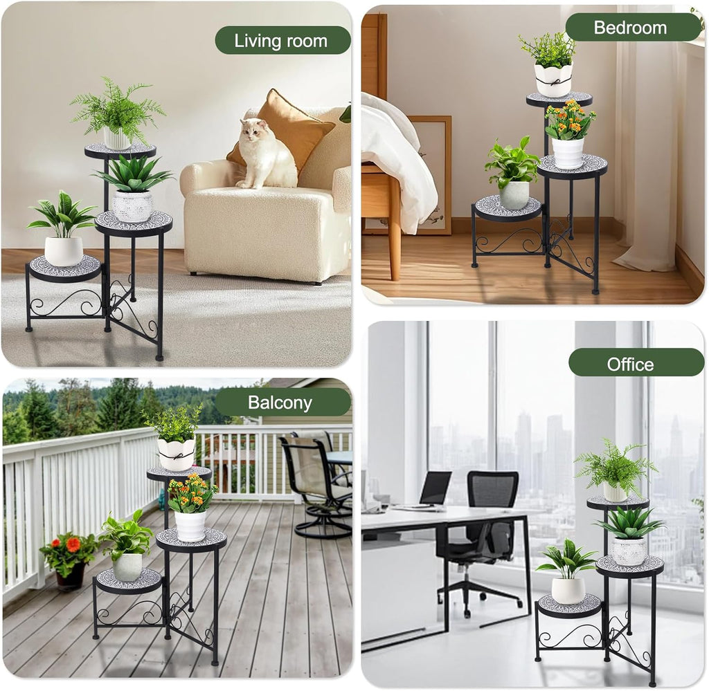 3 Tier Mosaic Corner Plant Stand Foldable Display Shelf Black | Tall Plant Holder Space-Saving Corner Design Perfect