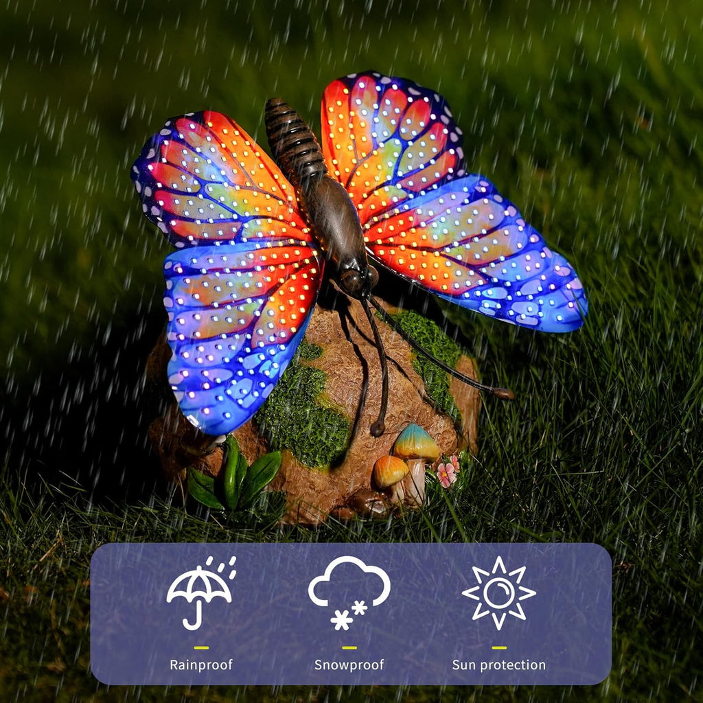 WSgift Solar Butterfly Garden Statue Weatherproof Outdoor Hand-Painted Decor Butterfly Resin Figurine Orange
