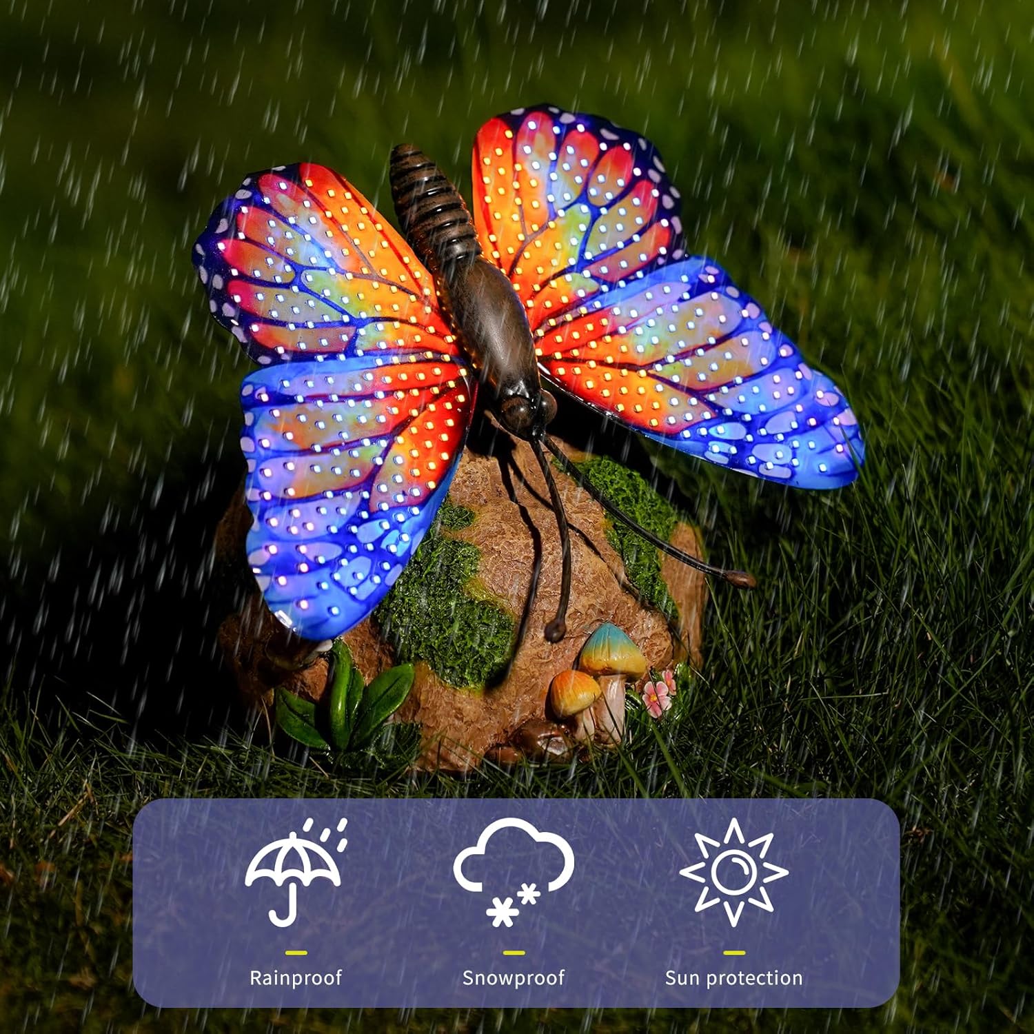 WSgift Solar Butterfly Garden Statue Weatherproof Outdoor Hand-Painted Decor Butterfly Resin Figurine Orange