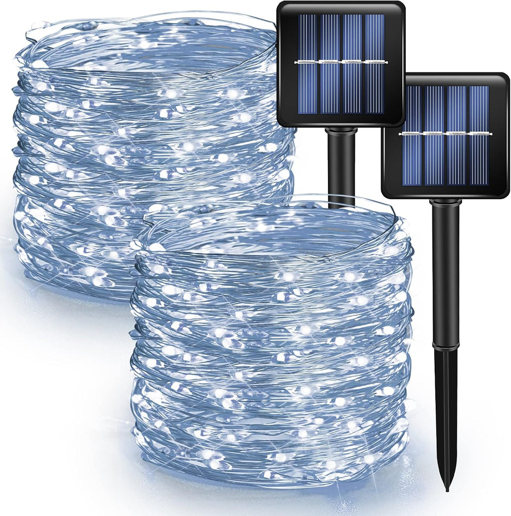 Dazzle Bright 2 Pack Solar String Lights Outdoor, Total 80FT 240LED Solar Powered Waterproof Fairy Lights 8 Modes, Copper Wire Lights for Christmas Patio Party Tree Yard Decoration (White)