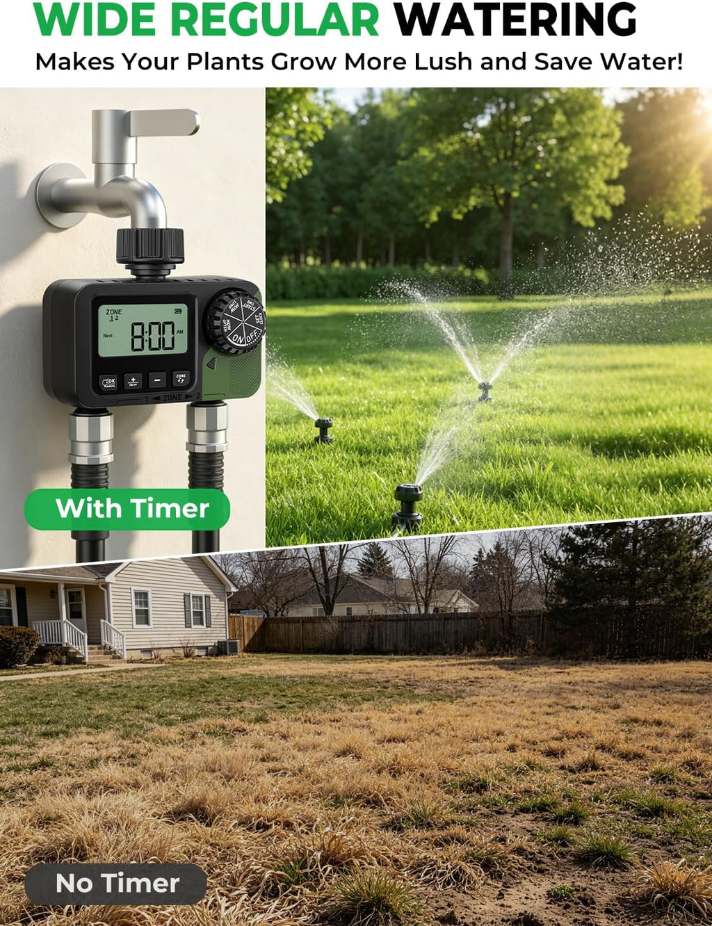 Sprinkler Timer 2 Outlets, Programmable Water Hose Timer with Rain Delay/Manual/Automatic Watering System, Outdoor