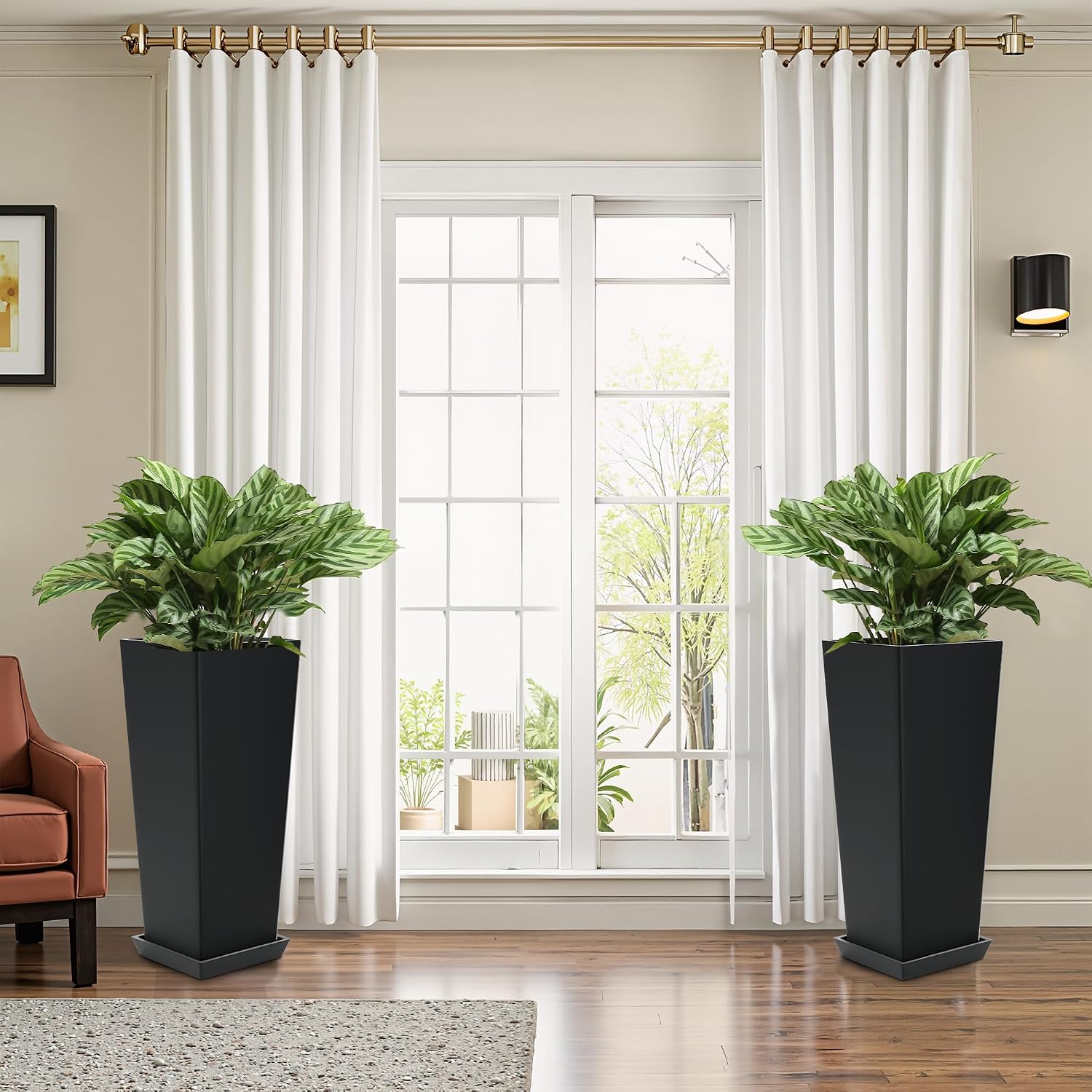 FENCY Set of 2 Tall Planters for Outdoor Plants, Black | 24 Inch Plant Pots with Drainage Hole & Trays, Plastic Tapered