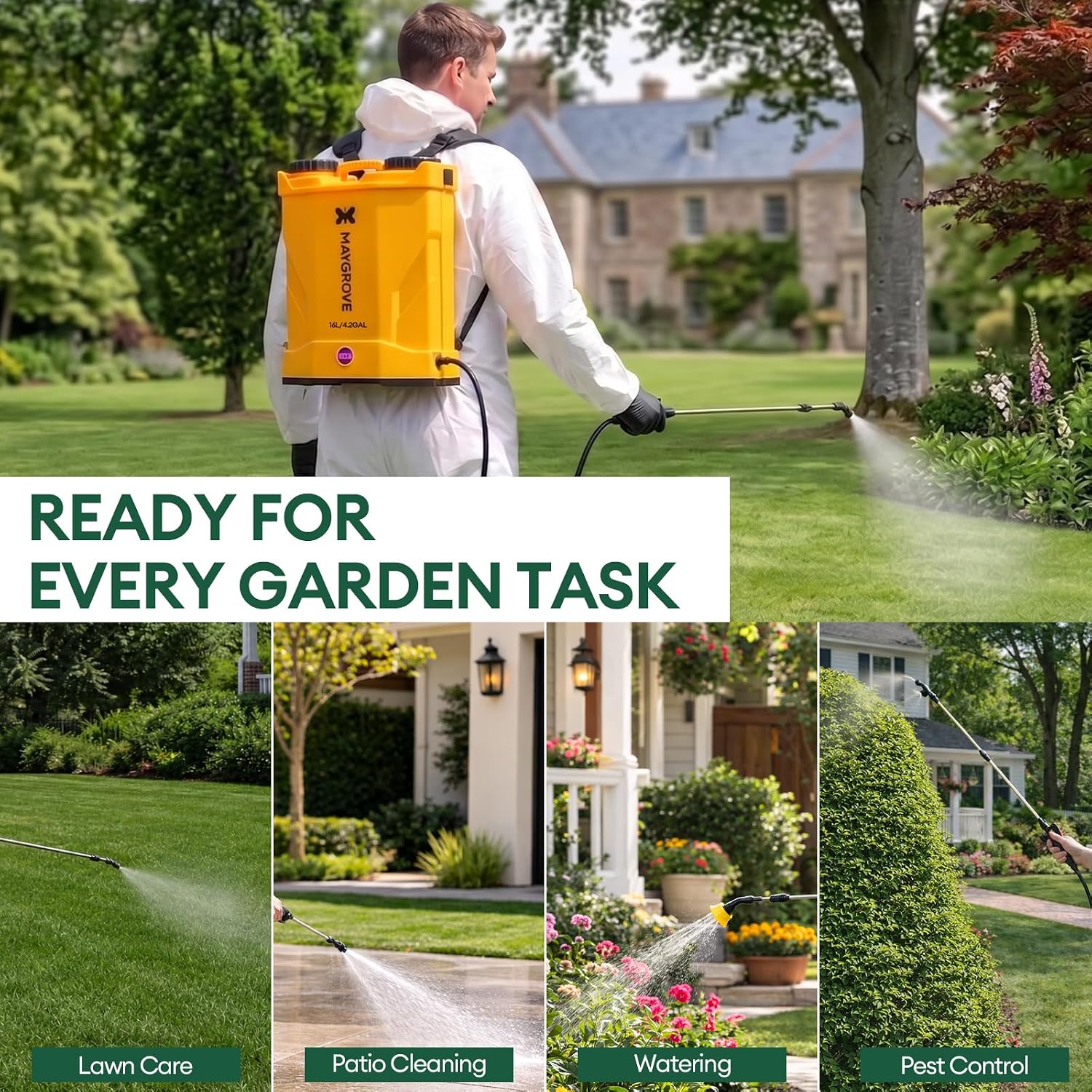 Maygrove 4.2 Gallon Battery Powered Backpack Sprayer | Up to 100 PSI Electric Sprayer with Adjustable Wand & 5 Nozzles
