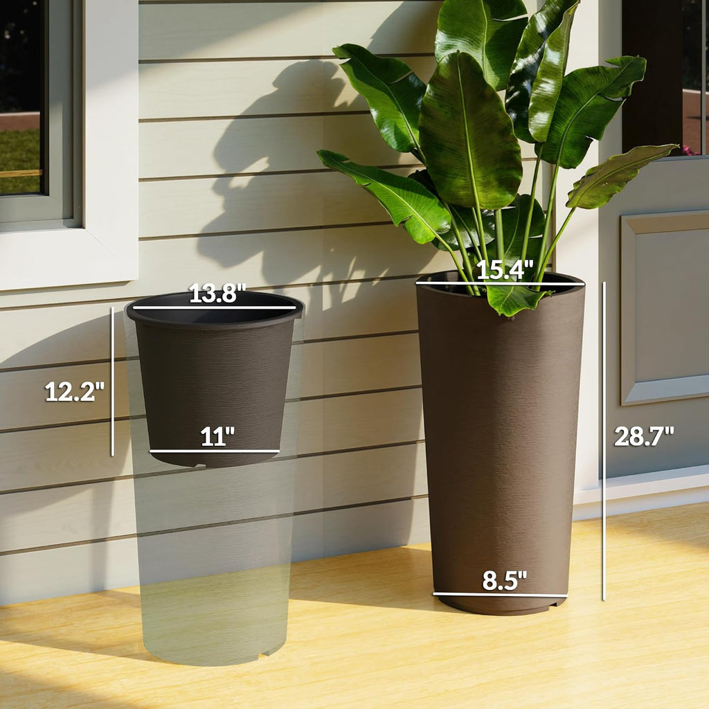 Outsunny 29 Inch Tall Planters for Outdoor Plants Set of 2, Brown | Plastic Flower Pots, DIY Drainage Holes, Stackable