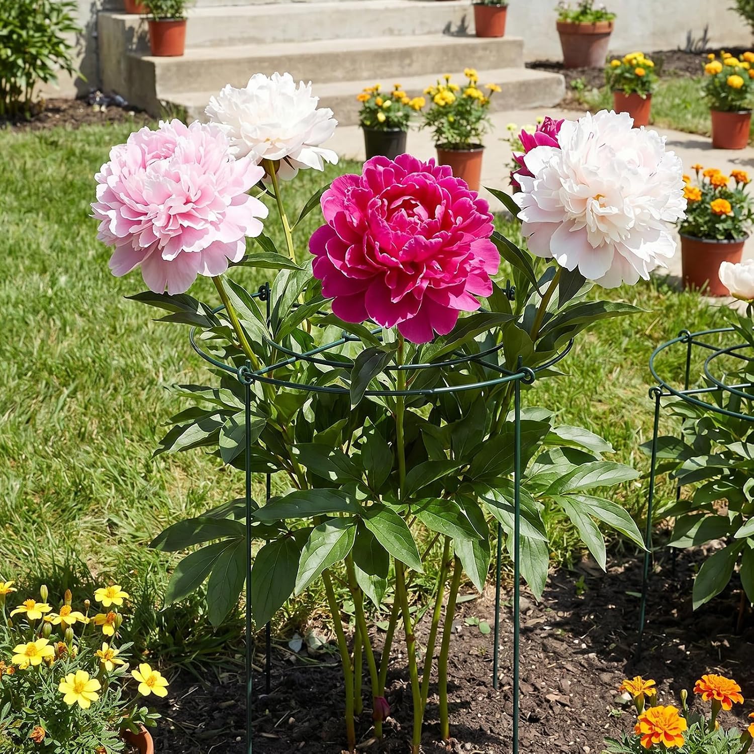 Peony Cages and Supports - 4 Pack Metal Plant Support Ring | Outdoor Indoor 11.8" Dx17.7 H Garden Stakes with 4 Legs