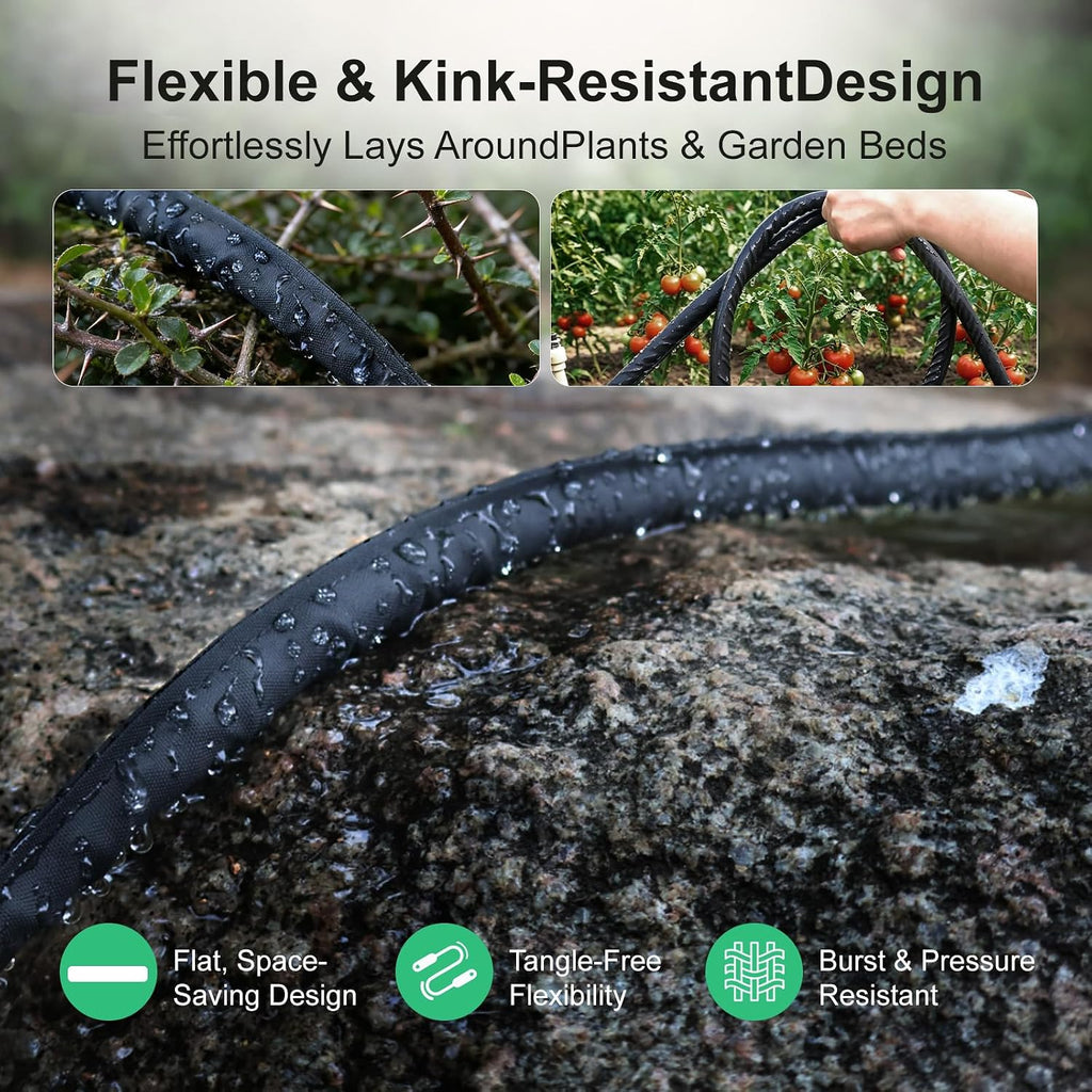 Flat Soaker Hose 25 ft 3-Pack with Splitter, 80% Water-Saving Drip Irrigation Hose 75 ft, Linkable DIY Garden Soaker