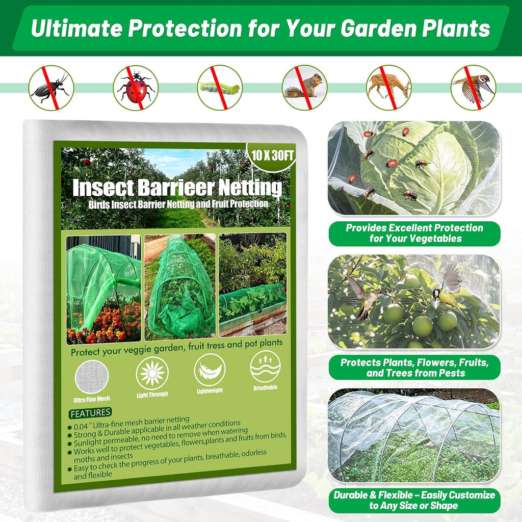 Tetutor Garden Mesh Netting Kit,7 Sets Wide Garden Hoops with 10x30 ft Garden Covers Bird Netting& 12 Clips, Garden