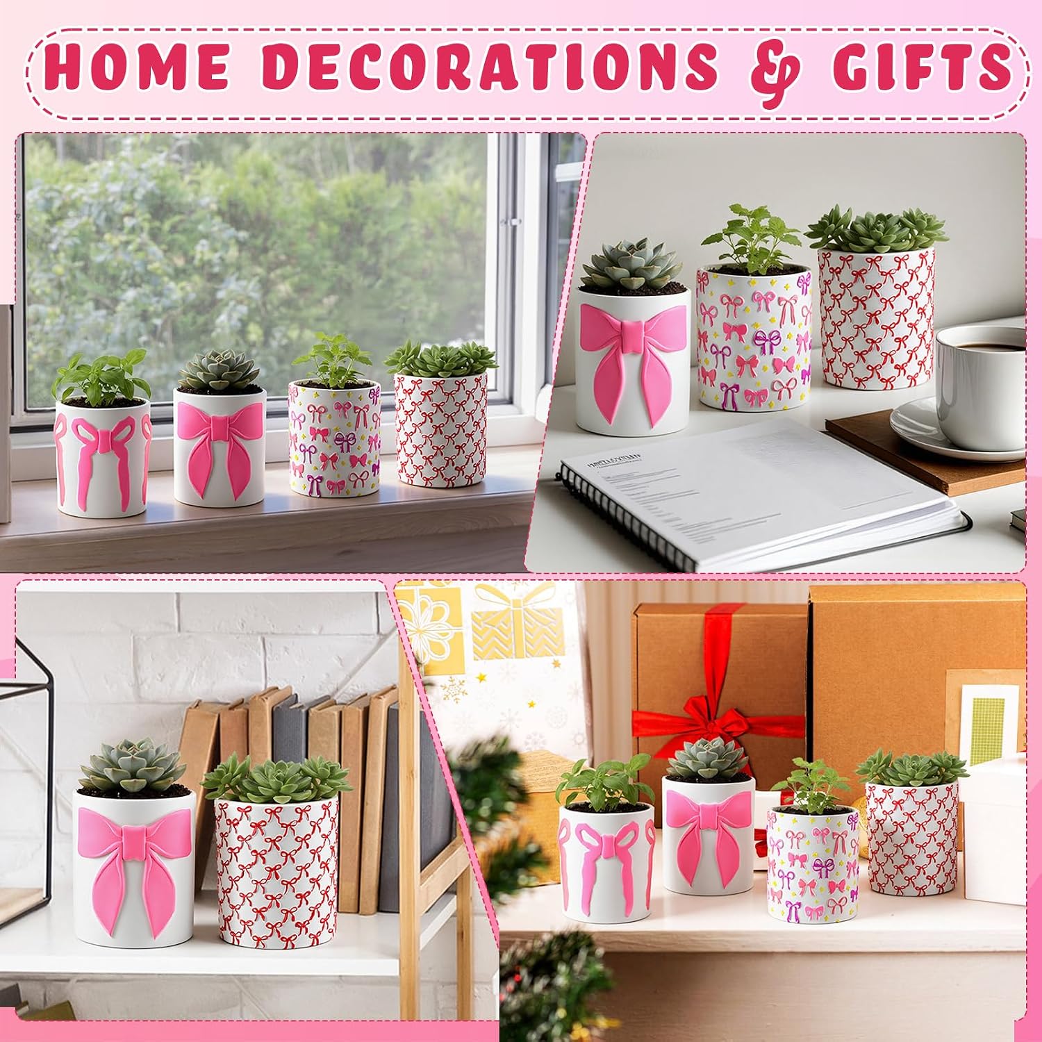 Zubebe 12 Pcs Paint Your Own Flower Ceramic Pots with Drainage Hole, 4 Style Pink Bow Unfinished Succulent Pots