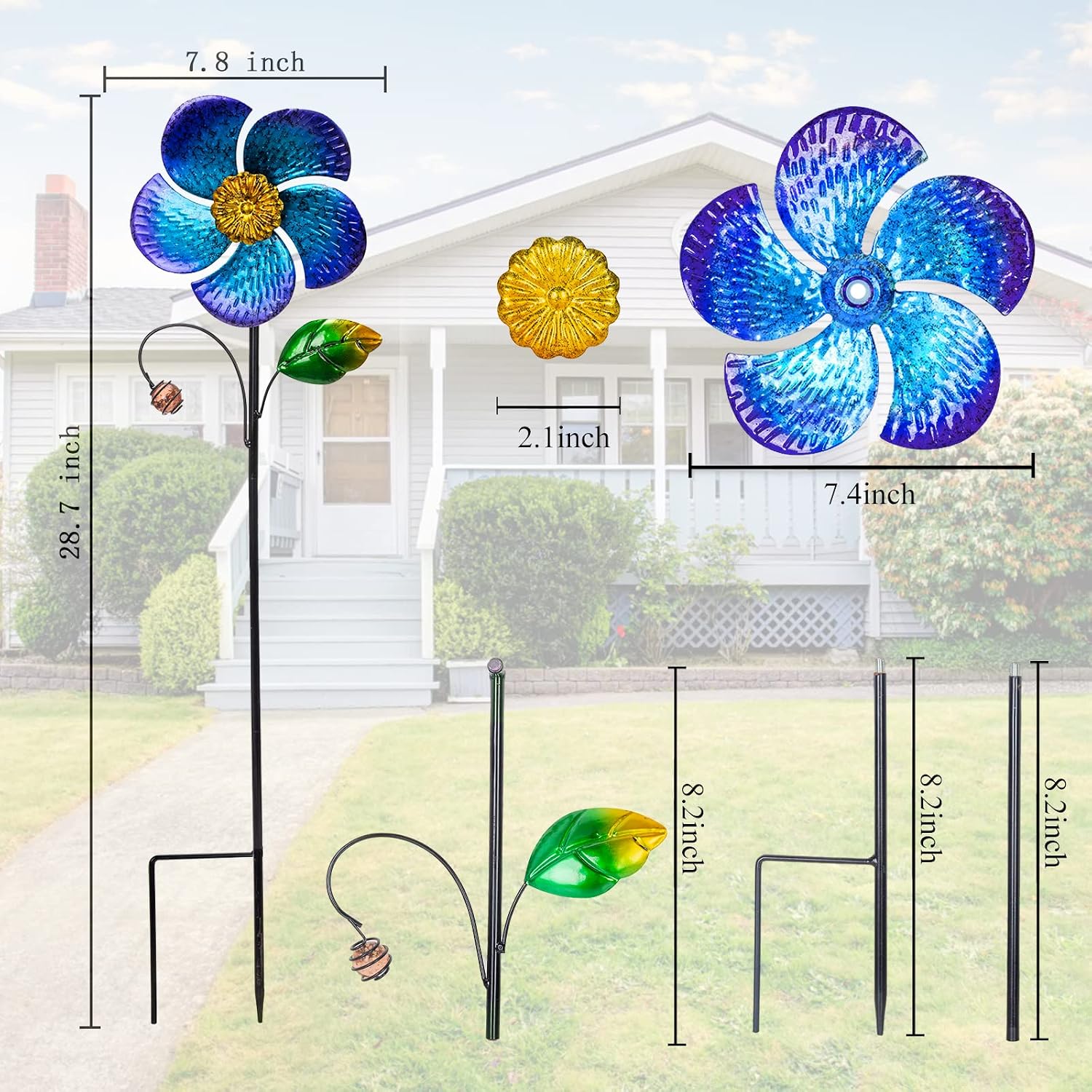 Viveta 2 Pack Wind Spinners with Metal Stake, Outdoor Garden Pinwheels | Blue Flower Shape Design Garden Spinners for