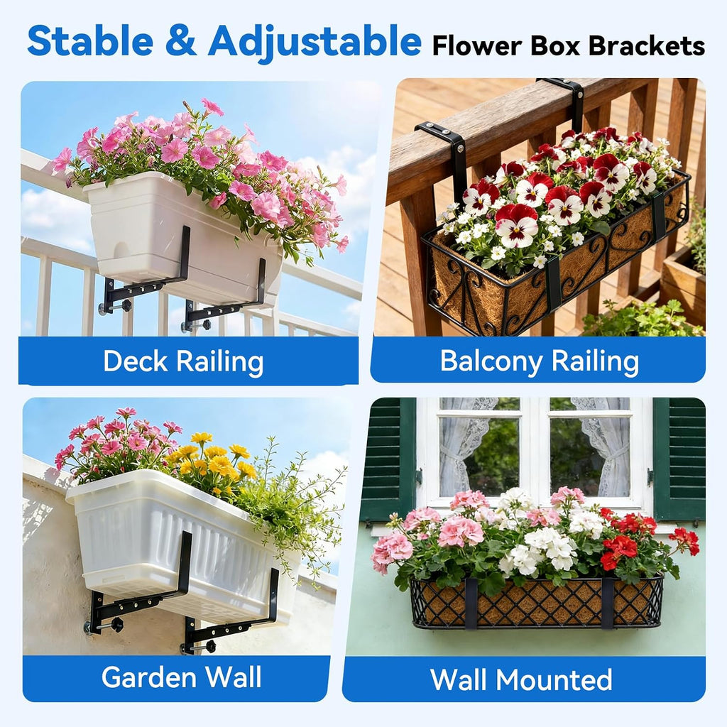 Halatool Window Box Brackets Outdoor, 4Pack Adjustable Planter Box Brackets | Heavy Duty Steel No Drill Flower Box
