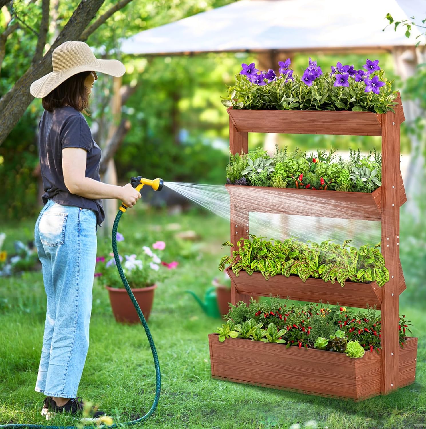Wood Vertical Raised Garden Bed, 4 Tier Planter Box | Garden Planter Raised Bed Freestanding Plant Stand Flower Rack