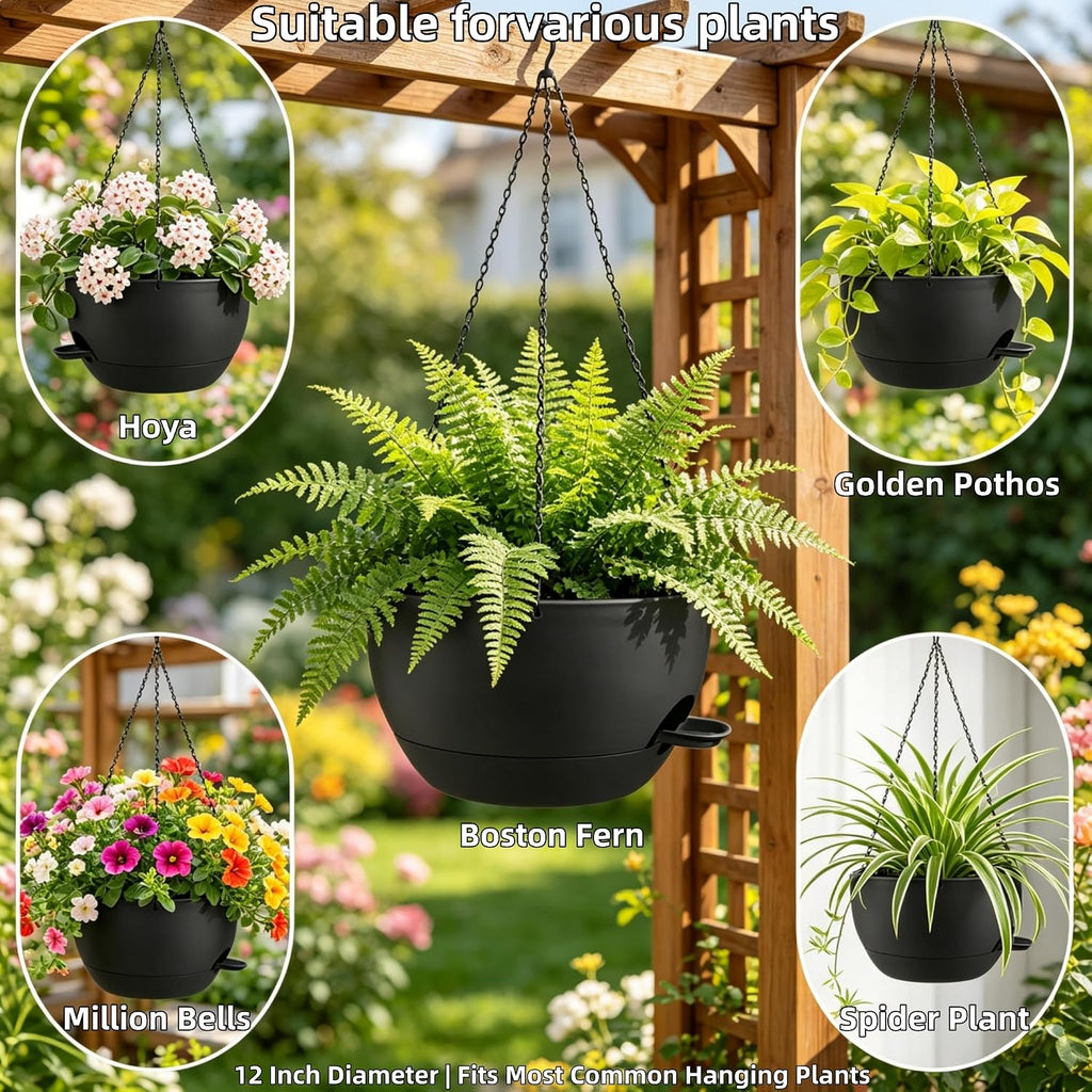 12" Self Watering Hanging Planters with Chains, Black, 2 Pack | 43 Oz removable self-watering reservoir, for
