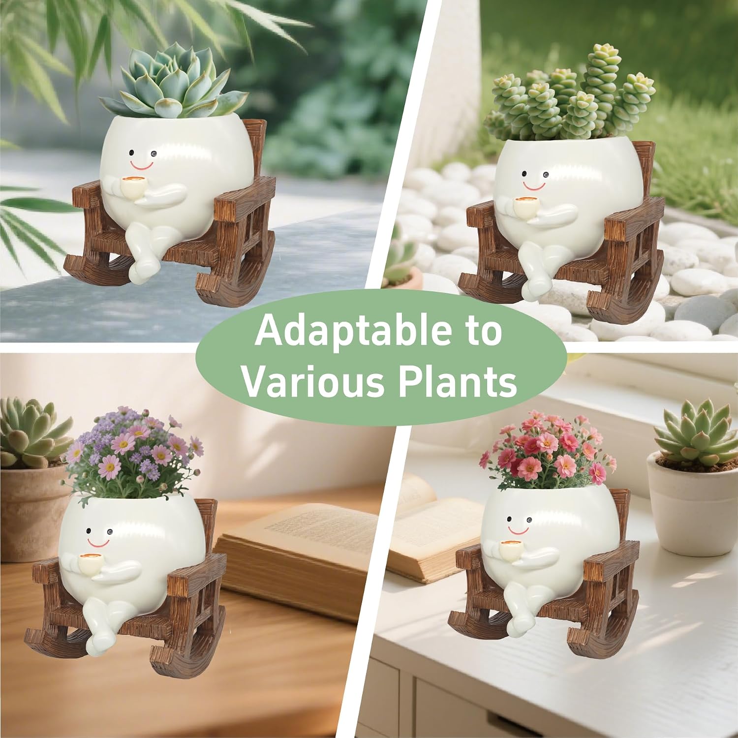 Smiley Face Planter Pot, Cute Coffee Plant Pots for Indoor Outdoor | Unique Rocking Chair Plant Pot for Succulents