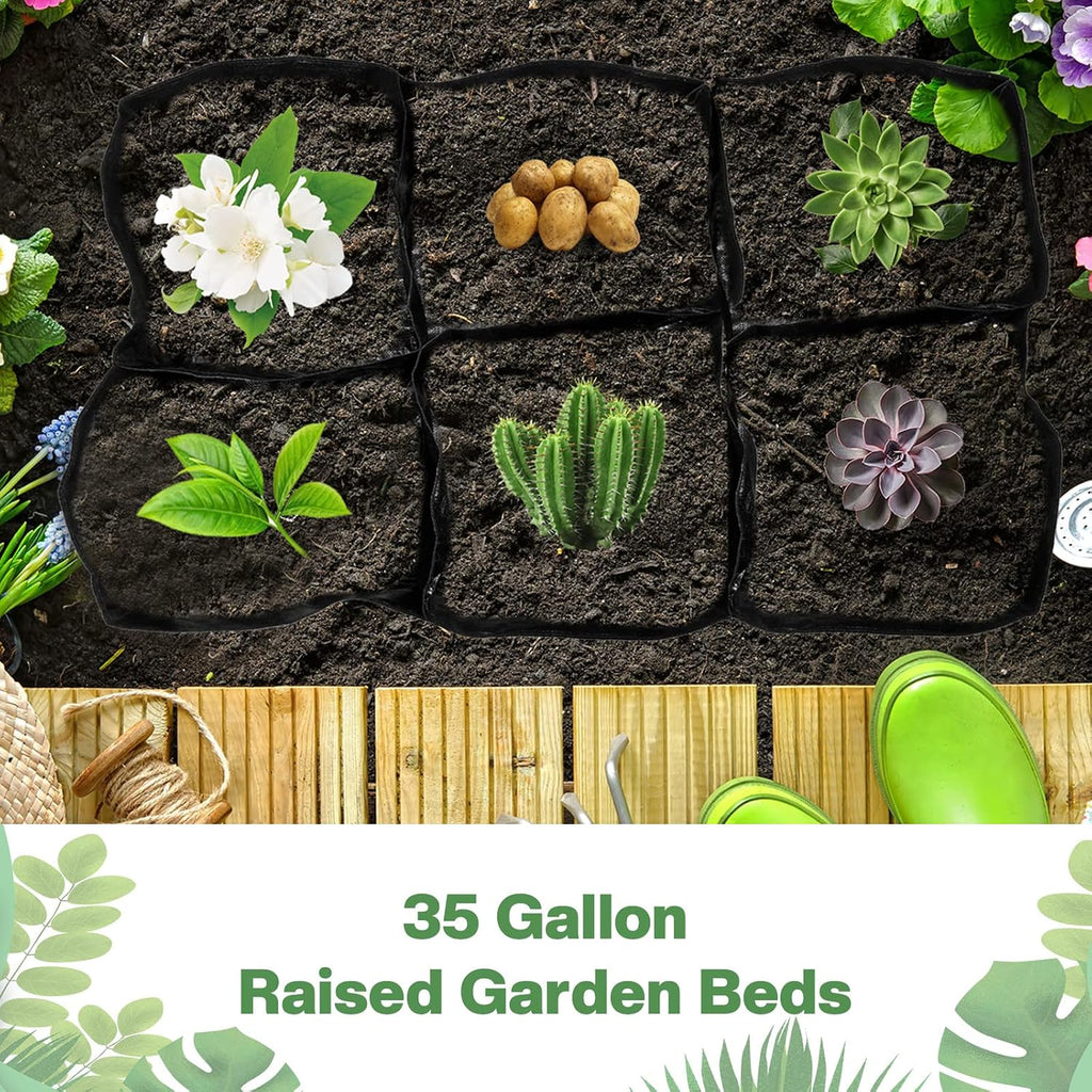 6 Pcs 35 Gallon Fabric Raised Garden Bed Breathable Planting Container Grow Bag with 6 Compartments Rectangle Large