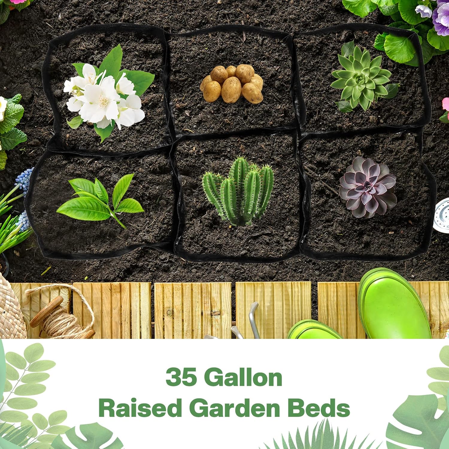 6 Pcs 35 Gallon Fabric Raised Garden Bed Breathable Planting Container Grow Bag with 6 Compartments Rectangle Large