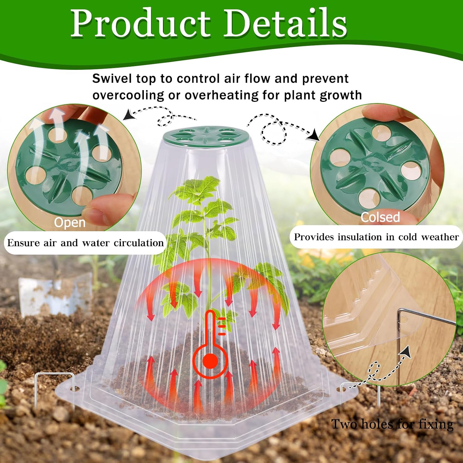 VICAMB 40 Pack Garden Cloches for Plants with 80PCS Ground Stakes,Clear Reusable Bell Covers with Rotatable Vent for
