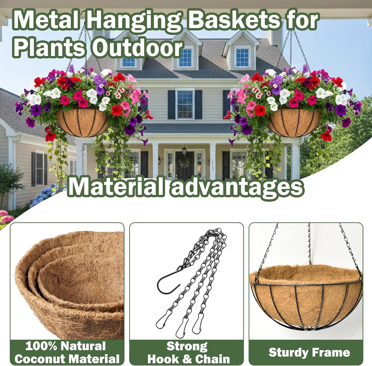 4 Pack 14 Inch Hanging Baskets for Plants Outdoor Metal Hanging Planter Basket with Coco Coir Liner Hanging Flower