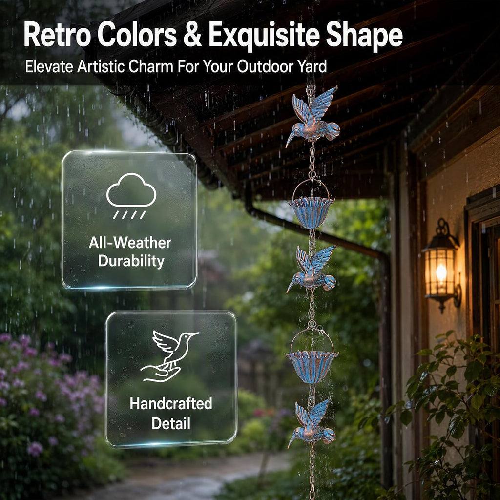 7.8 FT Rain Chain,Rain Chains for Gutters & Outside | 8 Hummingbird & 7 Metal Lotus Cup Rain Catcher,Decorative &