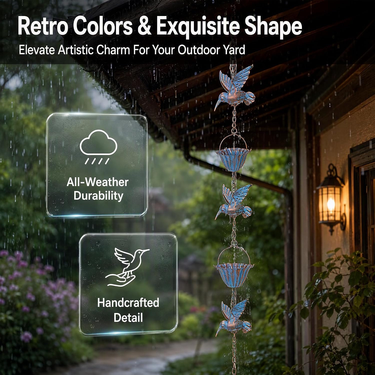 7.8 FT Rain Chain,Rain Chains for Gutters & Outside | 8 Hummingbird & 7 Metal Lotus Cup Rain Catcher,Decorative &