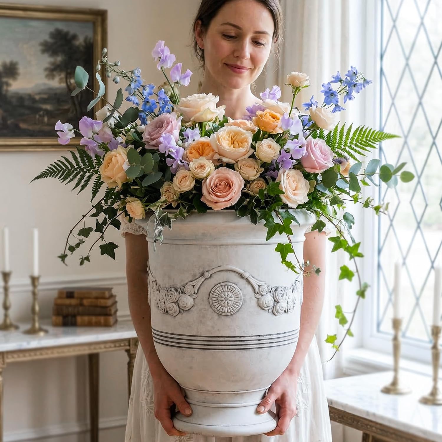 KOL Large Plastic Urn Planter - 16” Dia x 19” H Lightweight Classic Planter Pot with Cement Texture & Drainage Hole