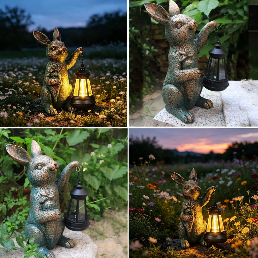 Solar Garden Statues -Rabbit Lantern Outdoor Handmade Resin Statue with LED Light, Cute Carrot Holder for Patio, Yard