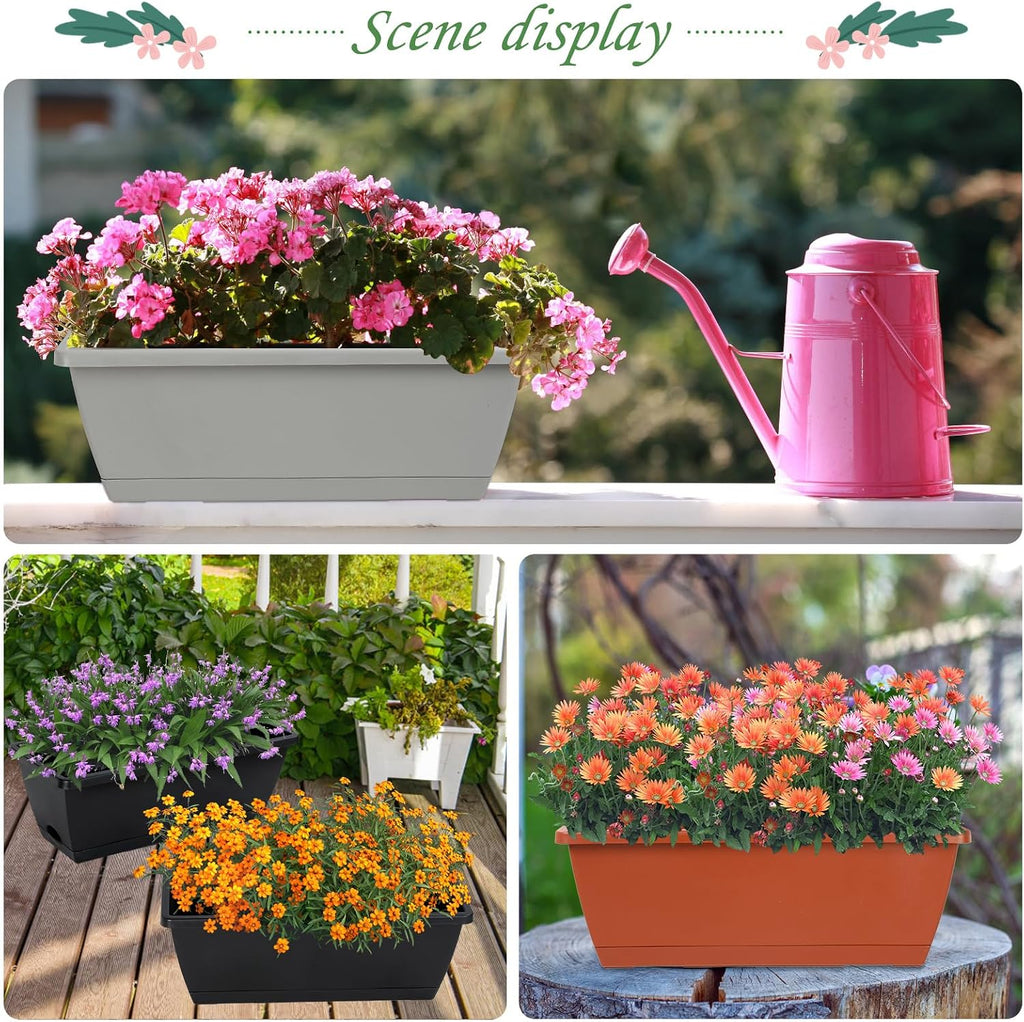 12Pcs 17Inches Rectangle Planter Box with Drainage Holes and Trays | Plastic Planters Flower Boxes Pots for Indoor