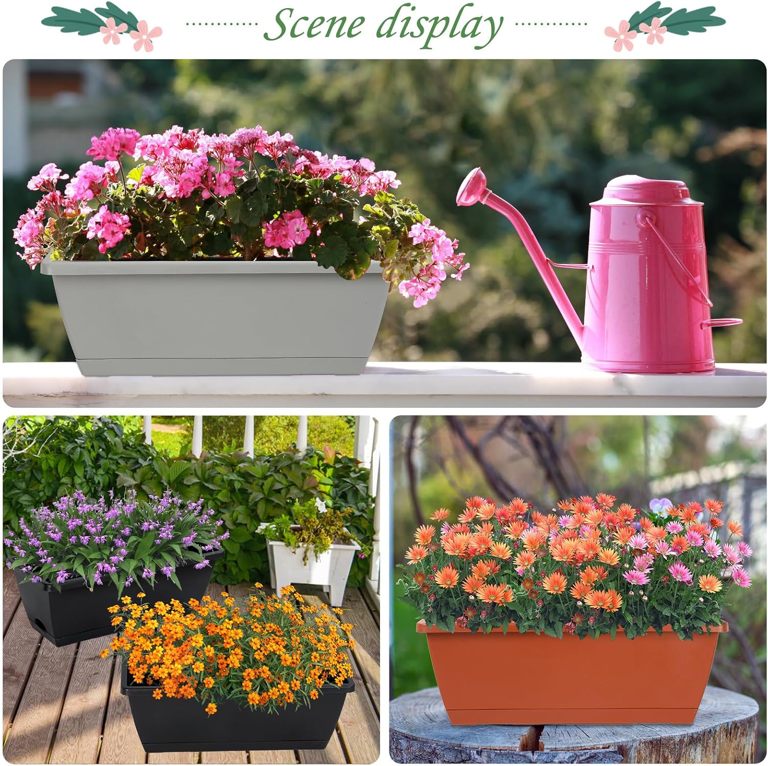 12Pcs 17Inches Rectangle Planter Box with Drainage Holes and Trays | Plastic Planters Flower Boxes Pots for Indoor