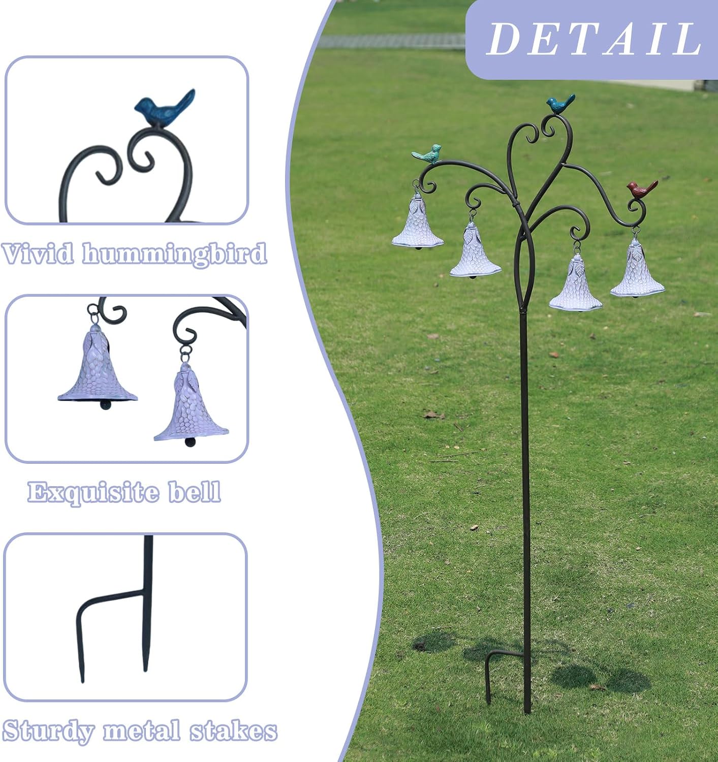 HOUYANG 48 Inch Metal Decorative Garden Stake with Bird and Bell Decor | Rustic Metal Flowers Yard Art for Outdoor Yard