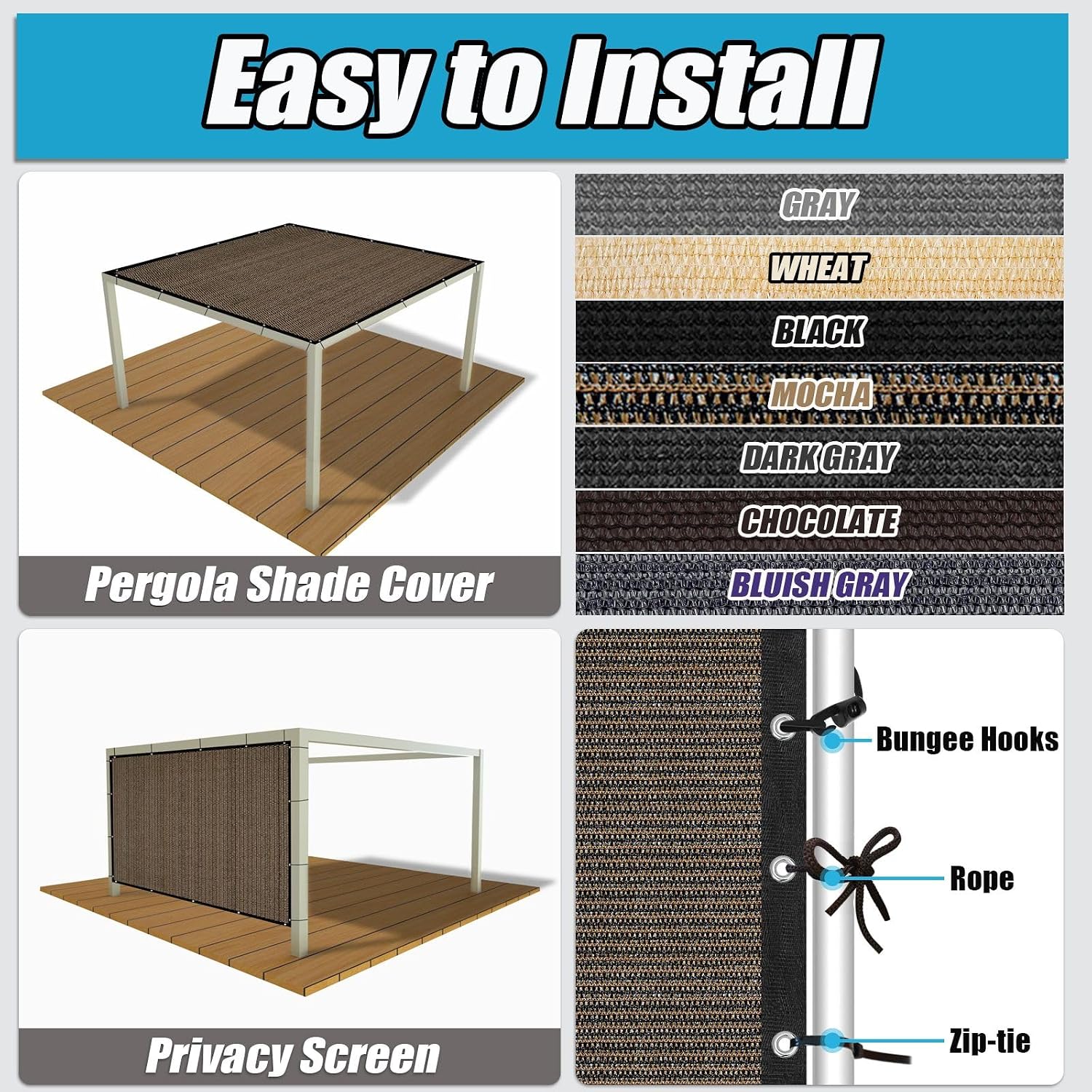 Amagenix Sun Shade Cloth Privacy Screen with Grommets 90% Sunblock Shade, Pergola Replacement Shade Cover Canopy for