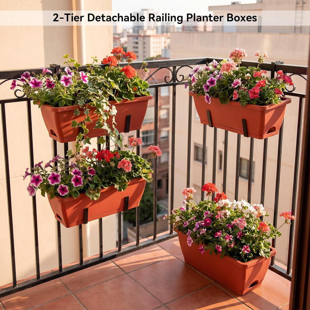 CADUKE Railing Planters Outdoor Balcony, 16.9" Hanging Flower Pots, Fence Planters for Deck Patio Garden with Drain