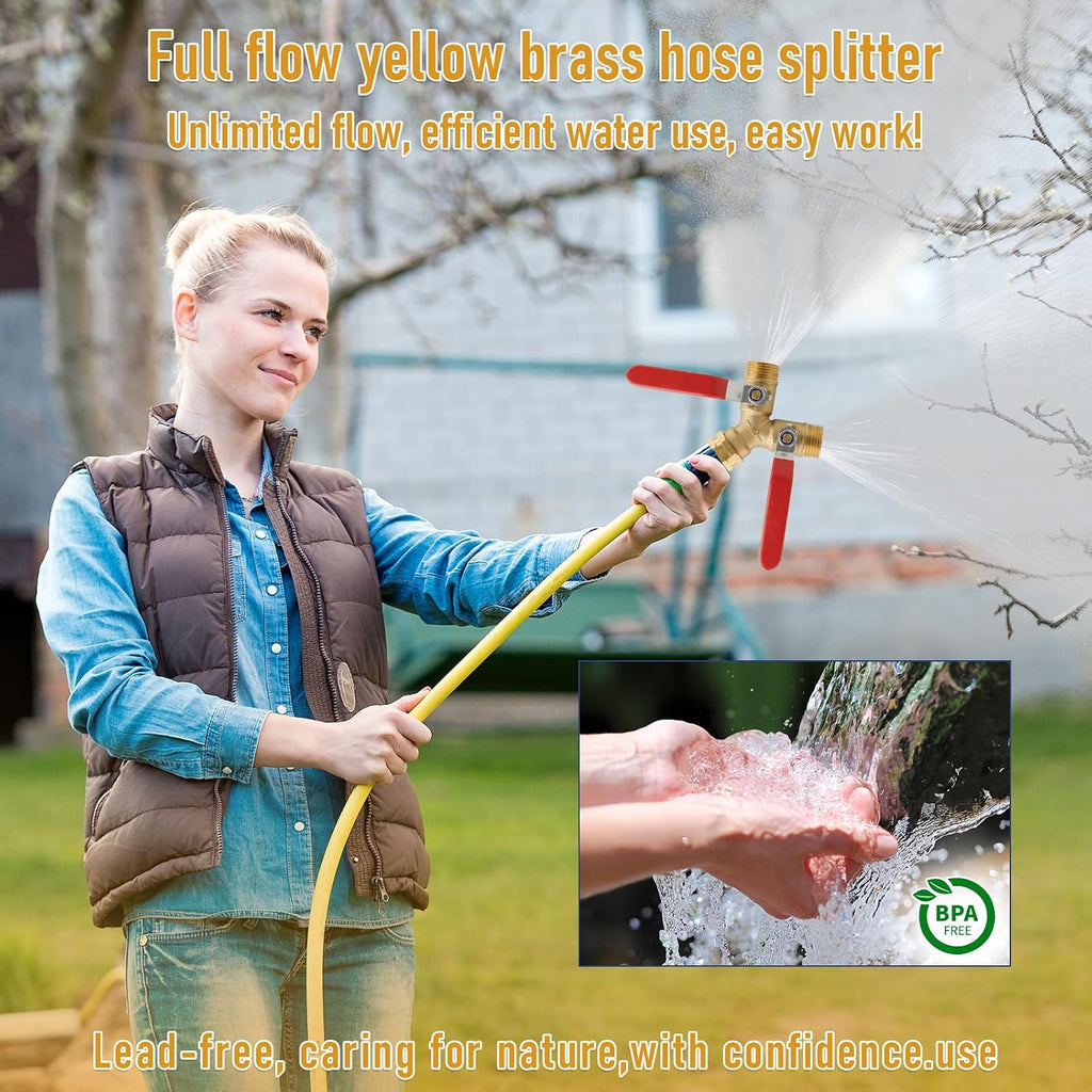 Garden Hose Splitter 2 Way, Heavy Duty Brass Y Valve Water Hose Splitter With Stainless Steel Long Handle Outdoor Full