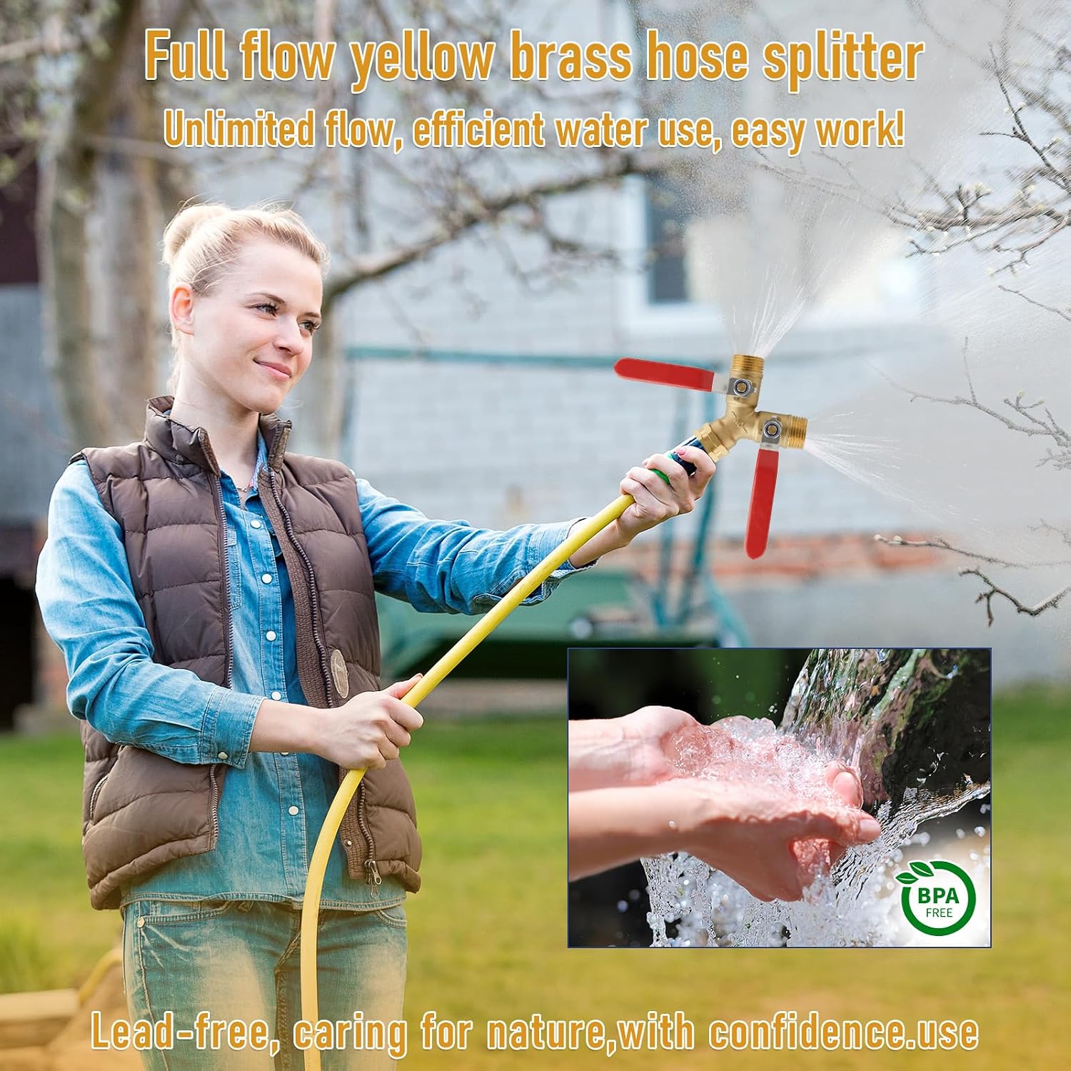 Garden Hose Splitter 2 Way, Heavy Duty Brass Y Valve Water Hose Splitter With Stainless Steel Long Handle Outdoor Full