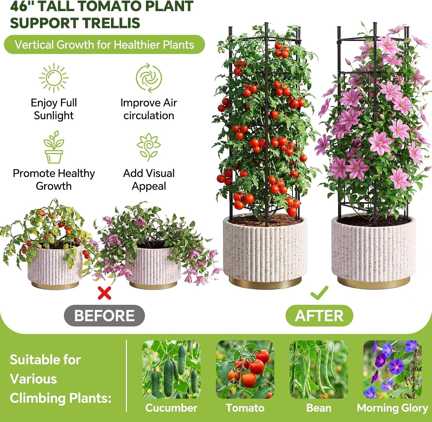 46 Inch Heavy Duty Metal Tomato Cage for Garden - 3 Pack Metal Steel Tomato Cages, Panel-Assembled Garden Trellis