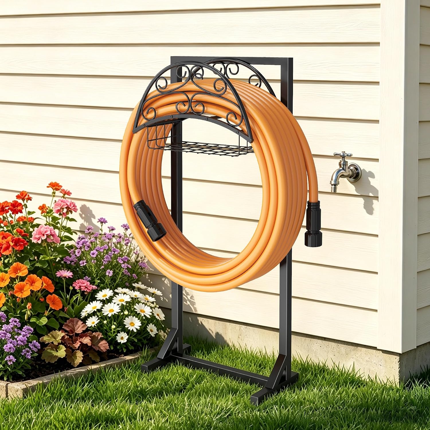 Gayuteay Garden Water Hose Reel Holder with Storage Basket for Outside | Holds 151ft Heavy Duty Freestanding Hose