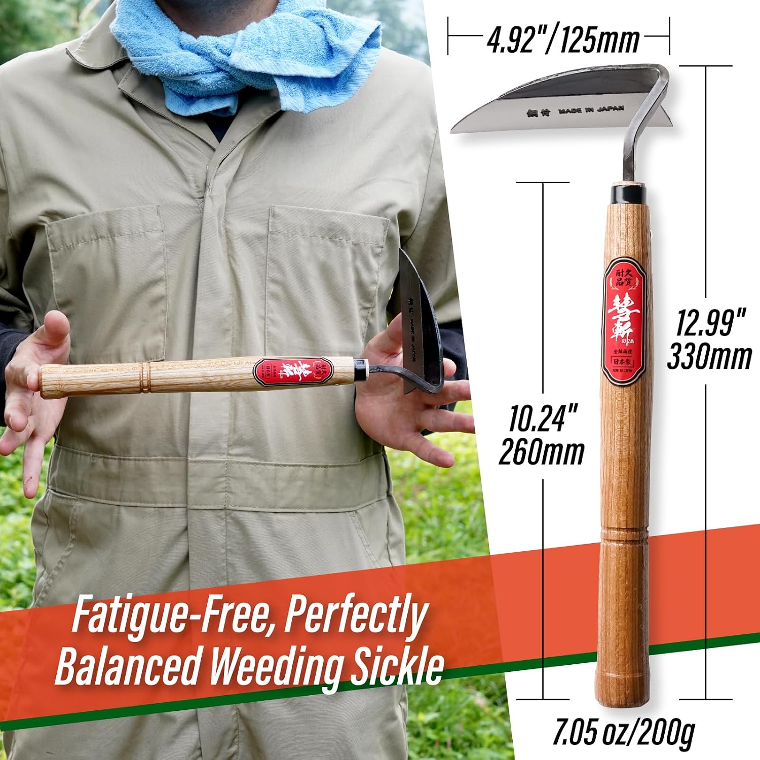 SUIZAN Nejiri Kama Weeding Sickle 13"- Japanese Hand Hoe Weed Puller Tool | Professional Weeder Remover Gardening Tools