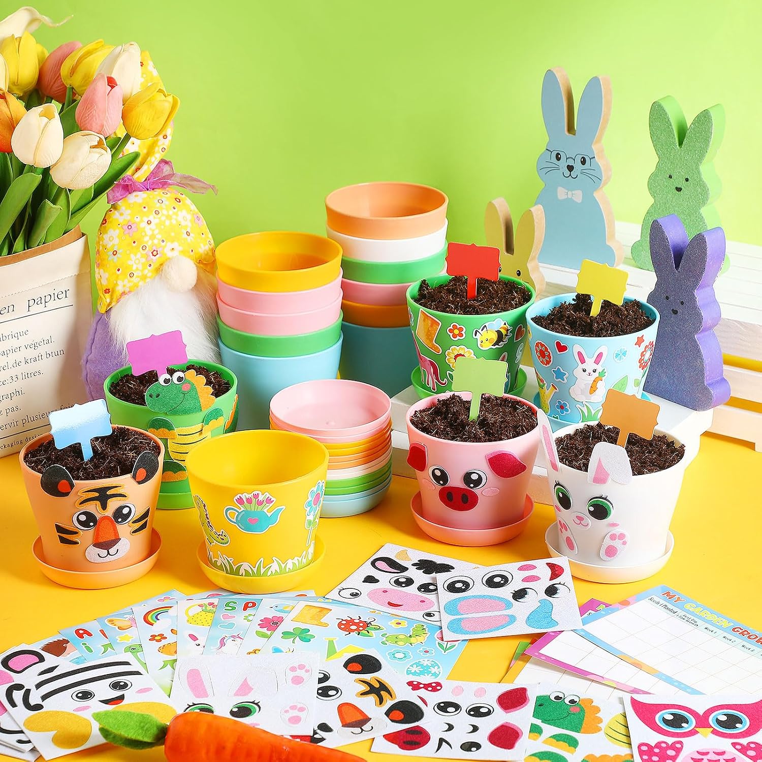 Capoda 24 Sets Garden Flower Pots Crafts Kit DIY Spring Plastic Seedling Nursery Pots with Stickers Plant Labels Growth