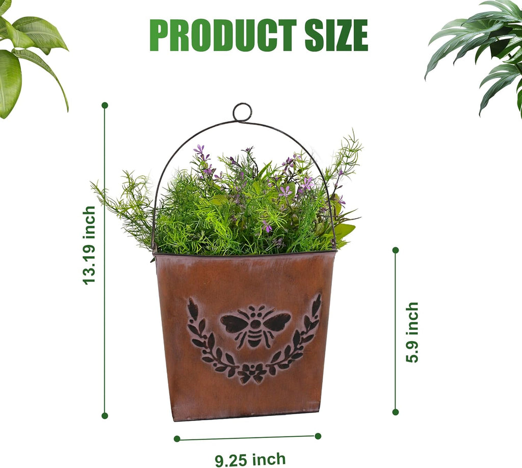 Farmhouse Wall Mount Metal Flower Pots Rustic Galvanized Bee Flower Holder Wall Hanging Pocket Planter for Indoor
